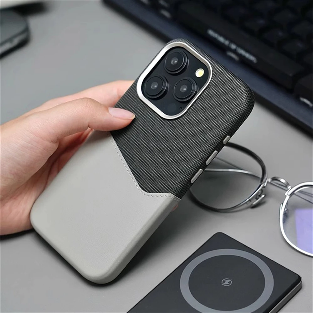 

Alloy Lens Frame Hit Color Card Pocket Leather Case For iPhone 17 16 Pro Max 15 14 13 12 MagSafe Magnetic Wireless Charge Cover