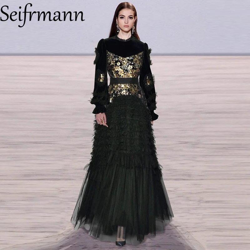 Seifrmann 2026 Spring Women's New Fashionable Round Collar Lantern Long Sleeve Sparkling Velvet Splicing Mesh Waist Dress