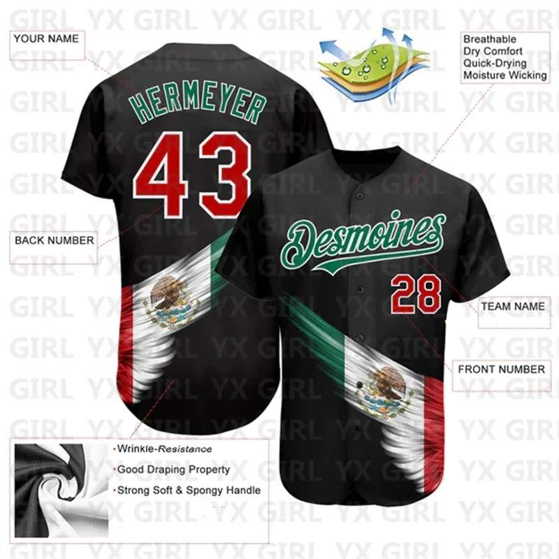 Custom Black Red-Kelly Green Wing With Mexican Flag Authentic Baseball Jersey  3D Printed Men Women Shirt Casual Shirts Tops