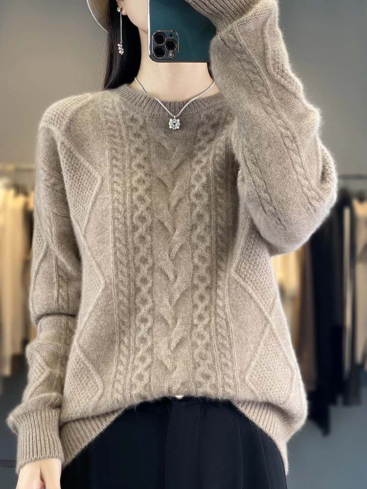 Addonee Women Cashmere Sweater 100% Merino Wool Pullover O-Neck Twist Flower Knitwear Autumn Winter Quality Soft Warm Jumper Top