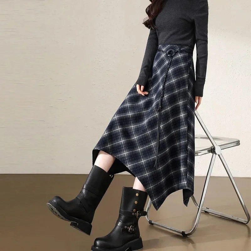 تنورة صوفية للسيدات لربيع وخريف 2026 تنورة كورية جديدة عالية الخصر ثنى طويلة على شكل حرف a غير منتظمة مظلة منقوشة تنورة نسائية #4