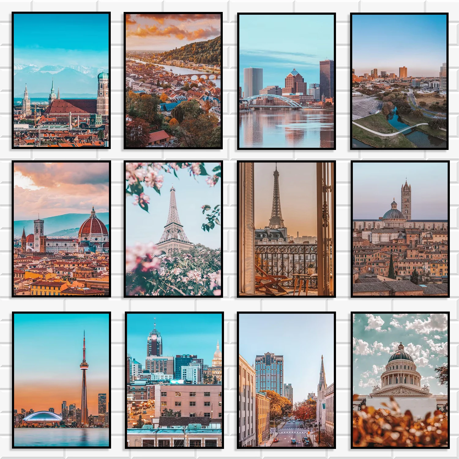 World Famous City Skyline Canvas Wall Art Set Paris Eiffel Tower Europe America Landmark Building Travel Photo Print Home Dec