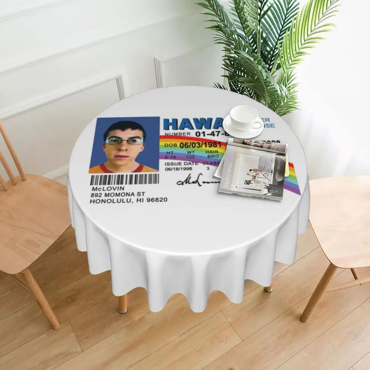 

Водительские права McLovin (3) Водонепроницаемая круглая скатерть маслостойкая скатерть для кухонных мероприятий Крышка обеденного стола 60 дюймов