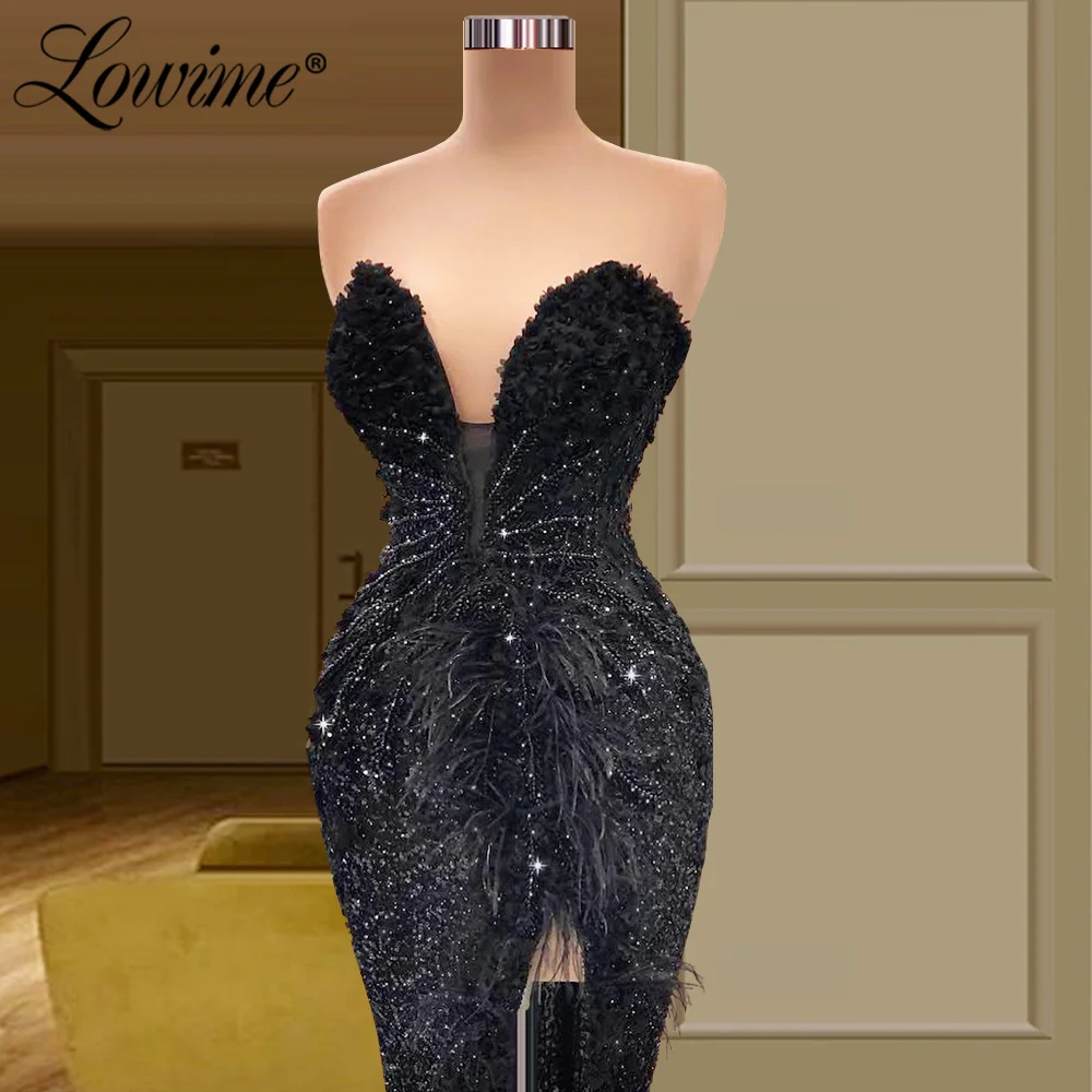 Lowime preto longo vestidos de noite sereia penas frisado plus size vestidos de festa feminino frente lateral vestidos de baile robe de soiree