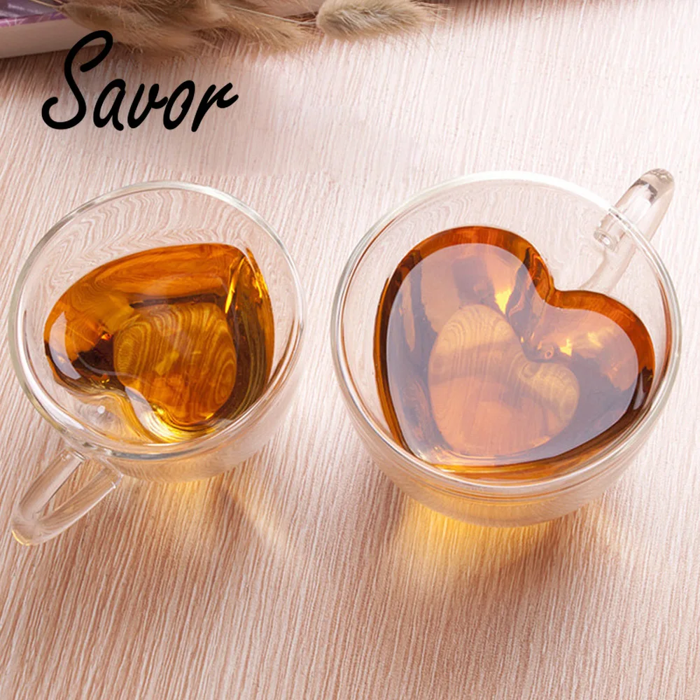 250ml Heart Love Shaped Tea Beer Mug Juice Cup Coffee Cups Mug Gift Double Layer Glass Mug Heat-Resisting Drinkware