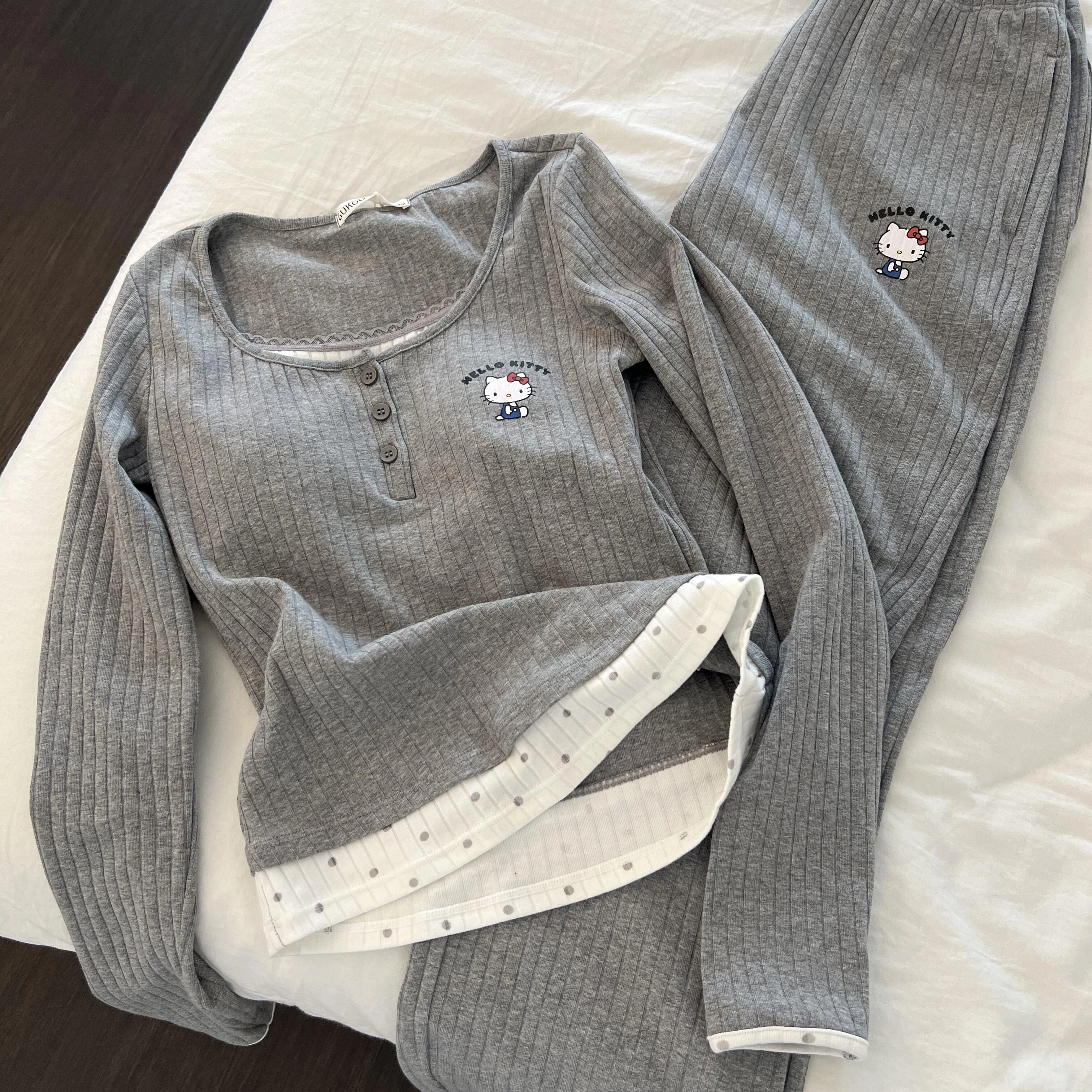 Kawaii مرحبا كيتي اللون الصدام كاذبة قطعتين وسادة الصدر حفرة المشارب طويلة الأكمام بيجامة الإناث ربيع الخريف Homewear دعوى #3