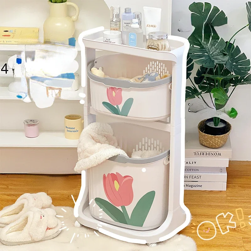 

Functional Ins Flowers Laundry Basket with Pulley Removable Water Filter Organizer Cart for Home and Toilet Storage