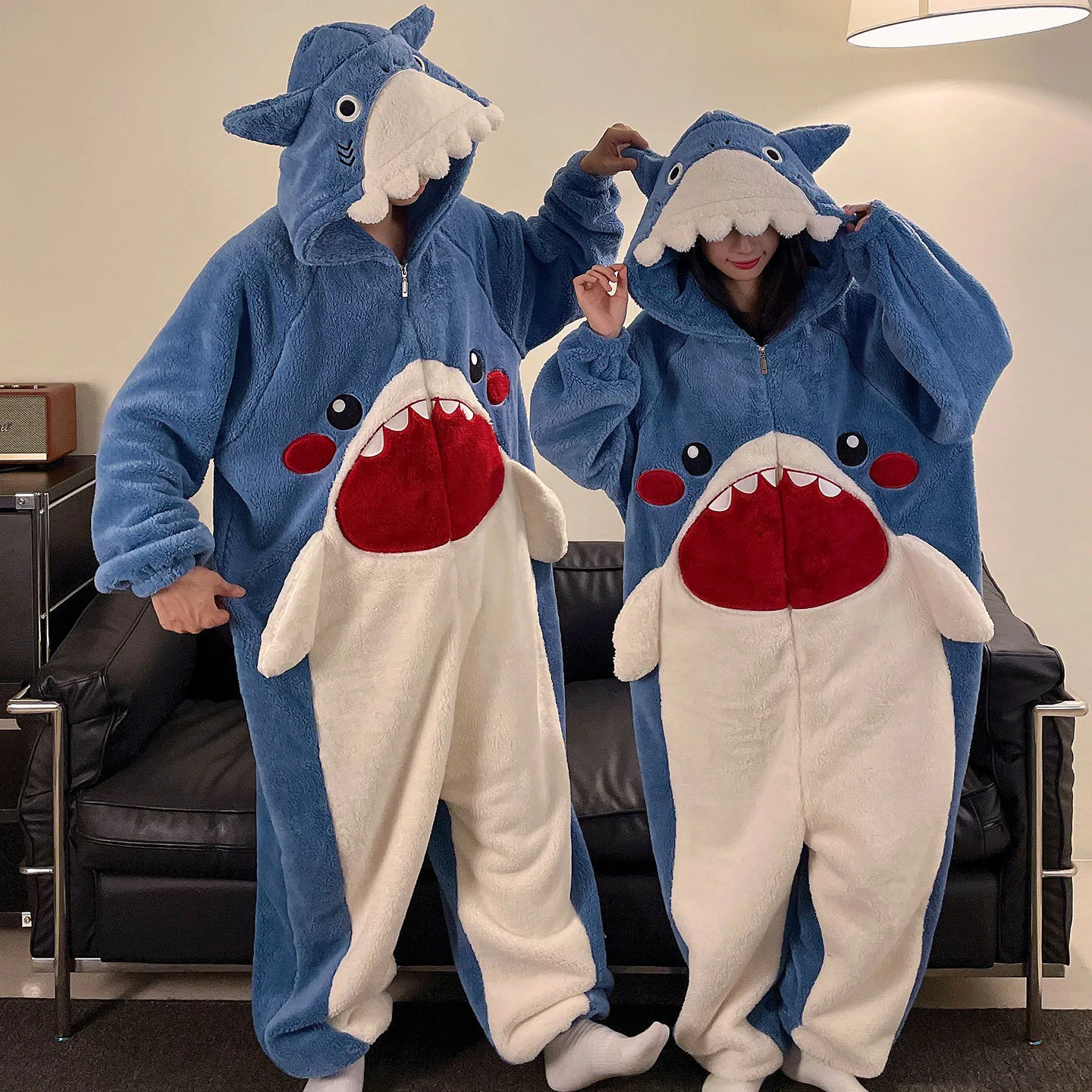 Shark Winter Warm Homewear For Couples Coral Fleece Sleepwear with Hooded Cartoon Cute Onesie Young Boy Girl Pjs Pyjamas Hombre
