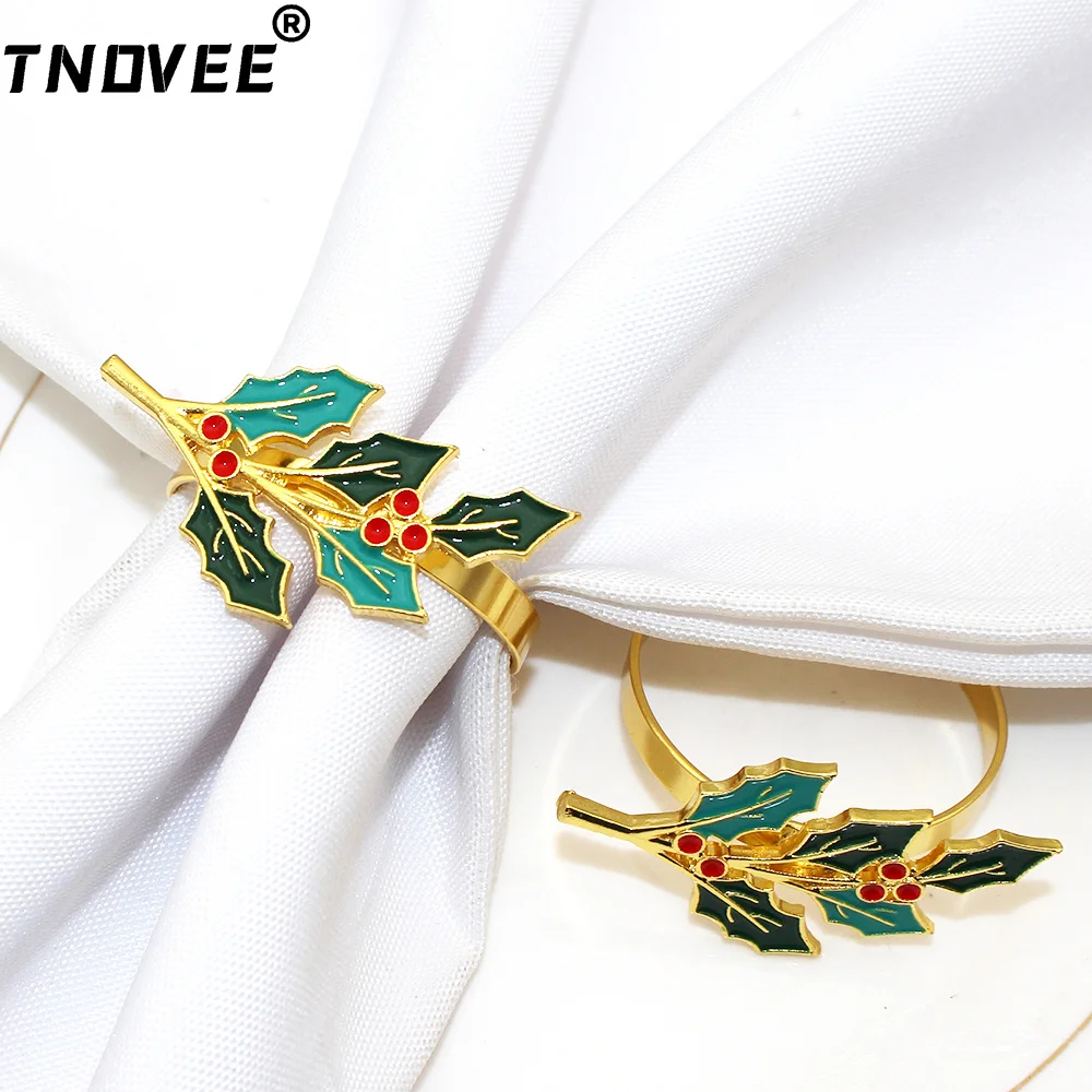 6Pcs Christmas Napkin Rings Holly Berries with Green Leaves Napkin Holder for Christmas Wedding Hotel Home Table Decor ERC182