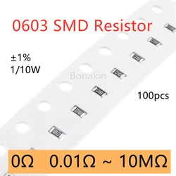 0603 1% SMD 저항기, 0R 10Ω 22ohm 100R 120R 330R 470R 510R 1K 1.5K 2K 2.2K 4.7K 5.1K 10K 15K 20K 30K 47K 51K 100K, 100 개 200K 1M