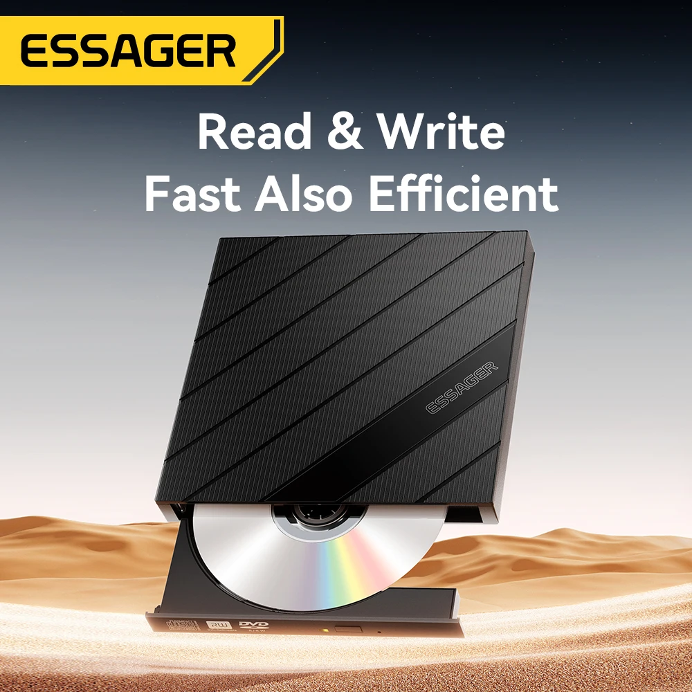 Essager External CD/DVD RW Drive 24X Read 8X Burn USB 3.0 Type-C Driver Free Plug for Laptop Linux Portable with Cable Storage