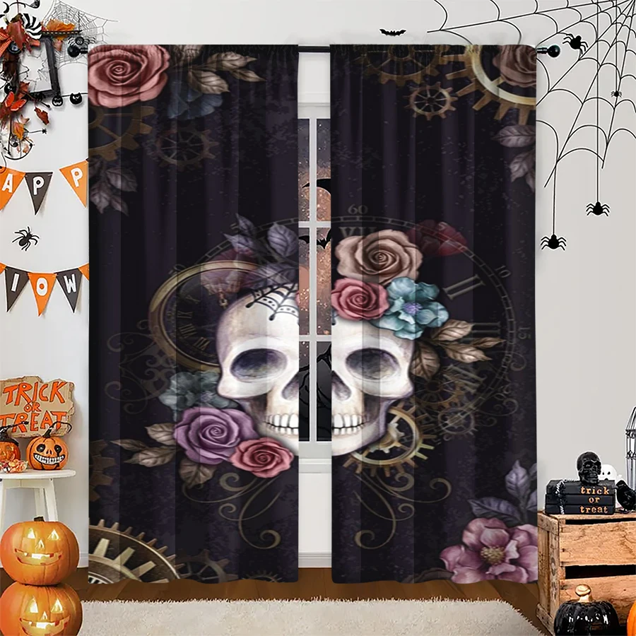 2PCS Digital Print Curtain, Gear Clock Rose Skull Steampunk Black, Gothic Industrial Dark for Living Room Bedroom Decor