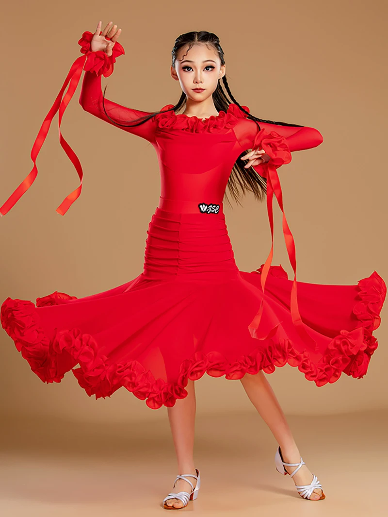 Niños Niñas vals Tango baile de salón vestidos profesionales mono de malla y faldas grandes con volantes trajes de baile modernos