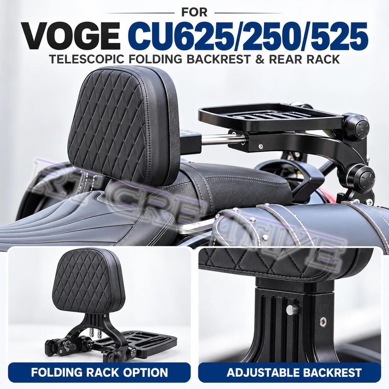 Telescopic Folding Passenger Backrest With Rear Rack Fit VOGE CU625 625CU Motorcycle