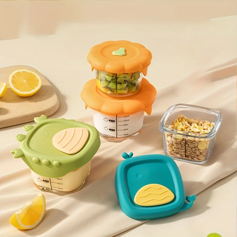 

120/180ml Glass Baby Food Container with Scale and Silicone Cover, Cute Storage Box, Heat-resistant