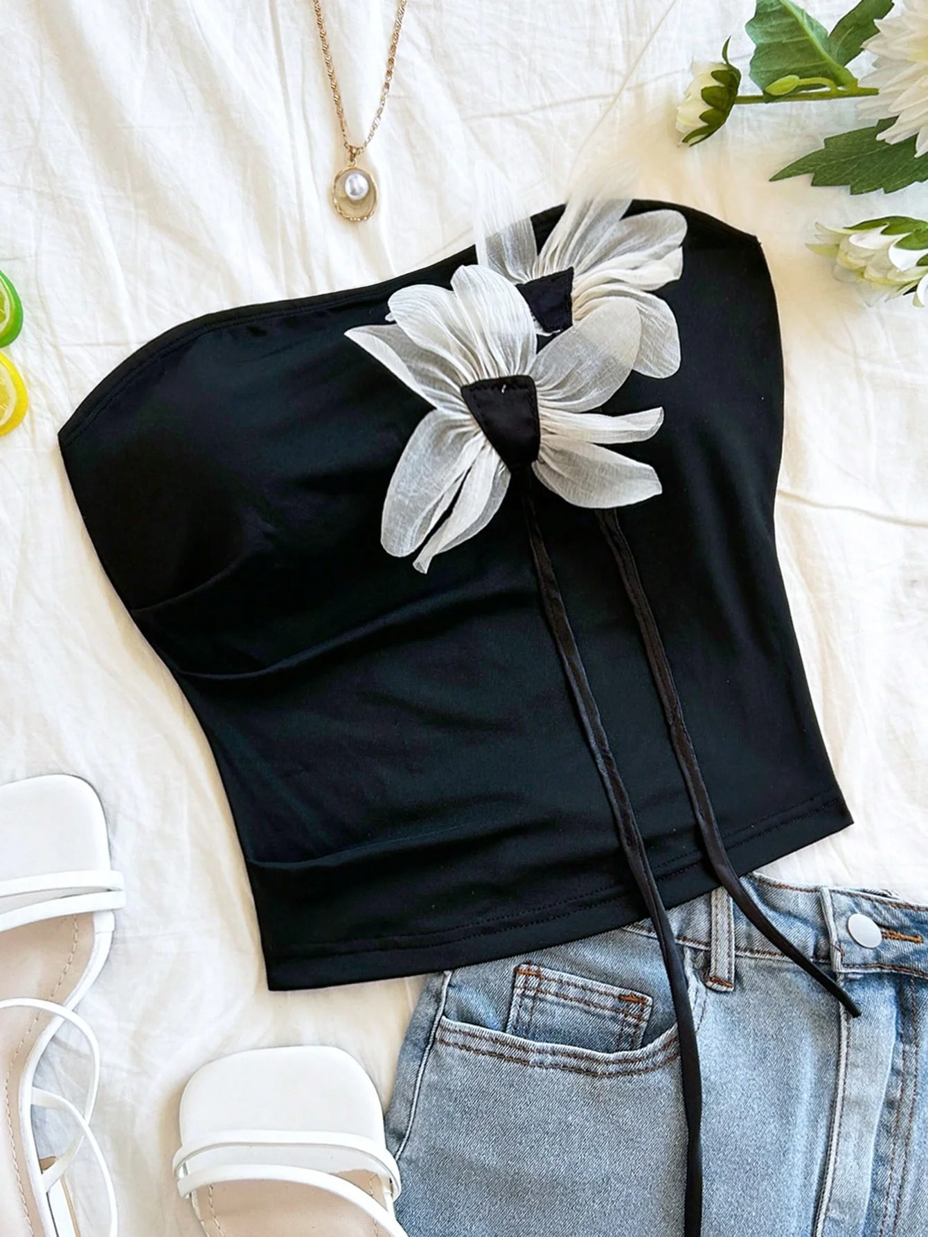 عطلة الربيع والصيف بدون حمالات الخصر الجانبي مطوي ثلاثي الأبعاد لتحديد المواقع الأزهار التخسيس المرأة #1