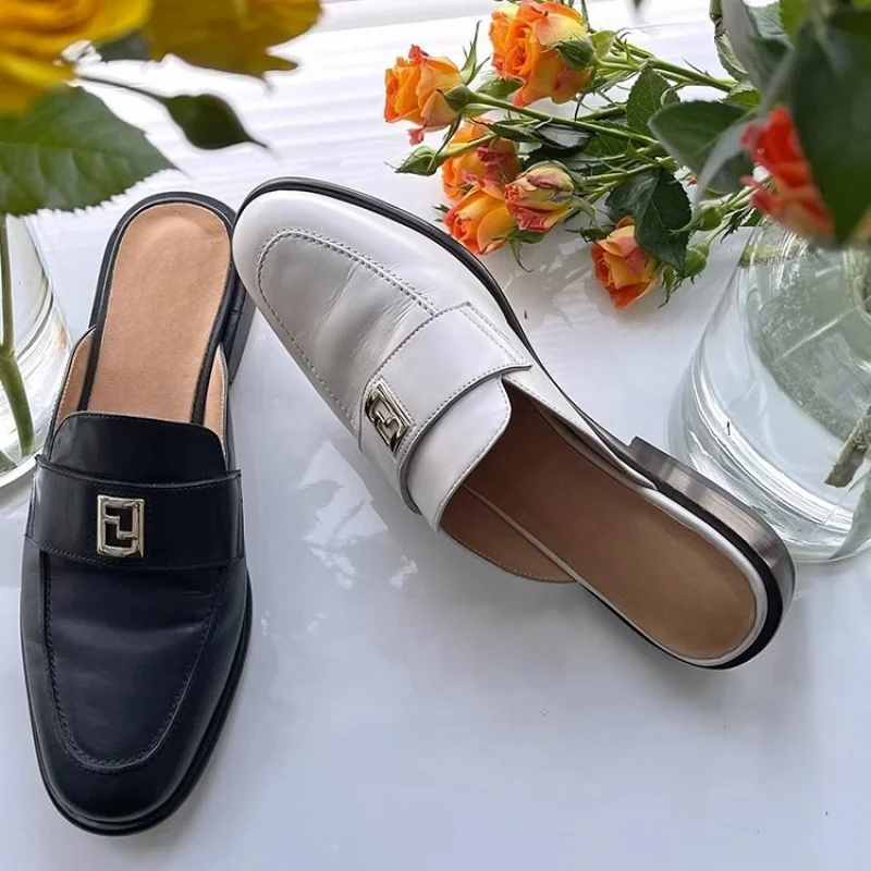 2024 Spring and autumn new Mueller shoes French bun head half slipper lazy slip-on flat shoes