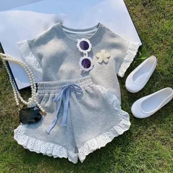 Fashion Children Girl Sets Summer New Kids Solid Casual Lace Sportswear Shorts Sleeved Tops+Shorts 2Pcs Sets Kids Girl Suit