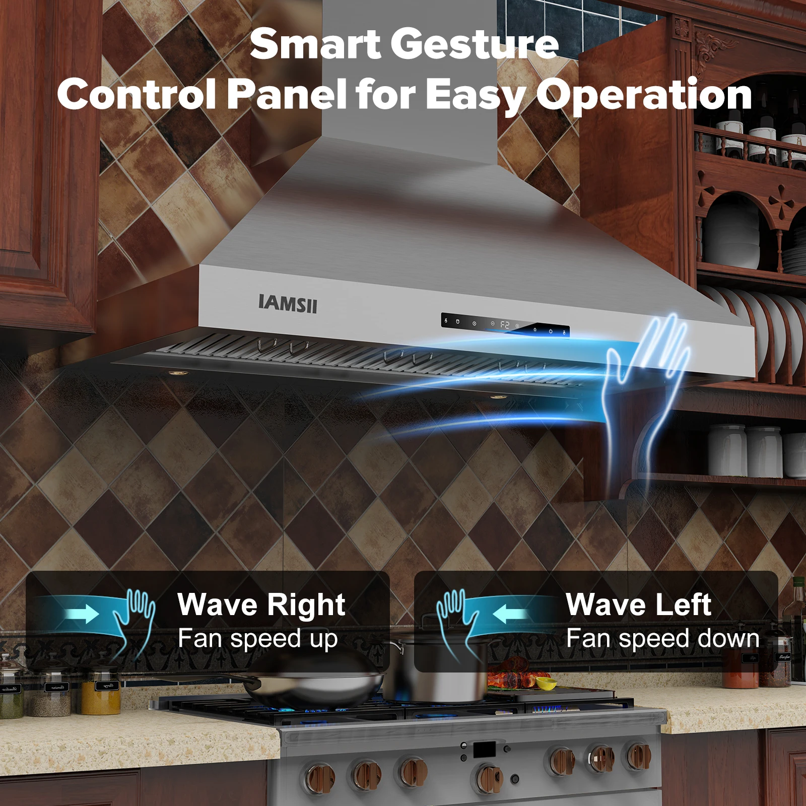شفاط المطبخ المثبت على الحائط 48 بوصة، شفاط فتحة تهوية المطبخ 1200 CFM، مرشحات من الفولاذ المقاوم للصدأ، 4 لوحة تحكم في الإيماءات واللمس #2