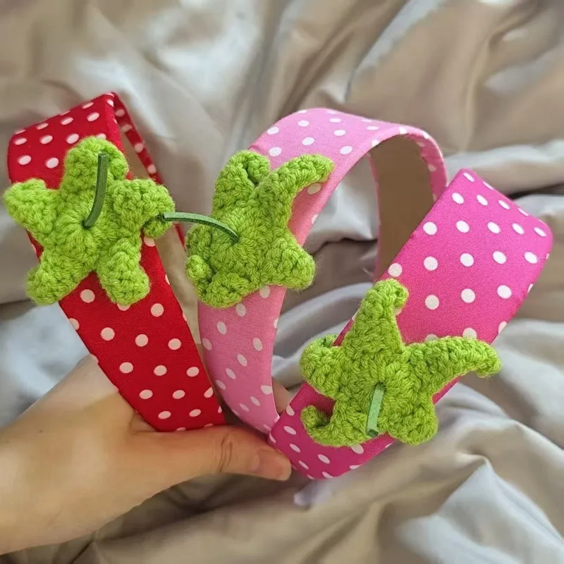 Cute Strawberry Girls Headband  Sweet Hand Crochet Strawberry Decor Polka Dot Wide Hairband Kawaii Women Daily Party Travel