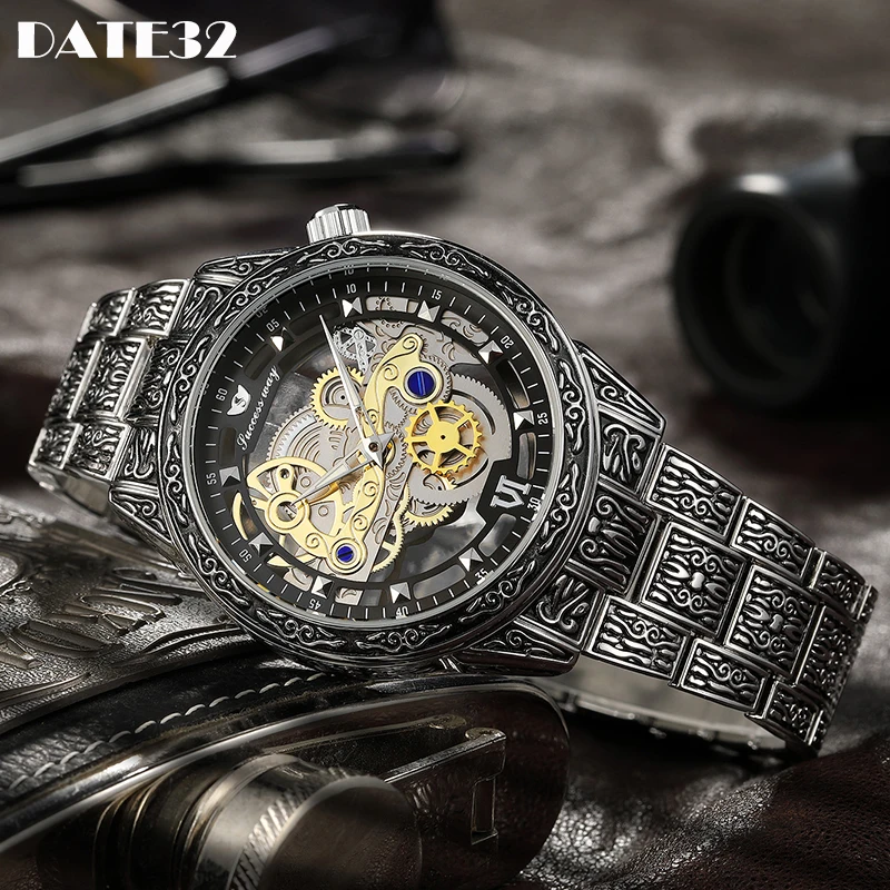 Skeleton Hollow Men Watches Luxury Steampunk Black Gold Quartz Watch Stainless Steel Vintage Engraved Man Mechanical Style Clock