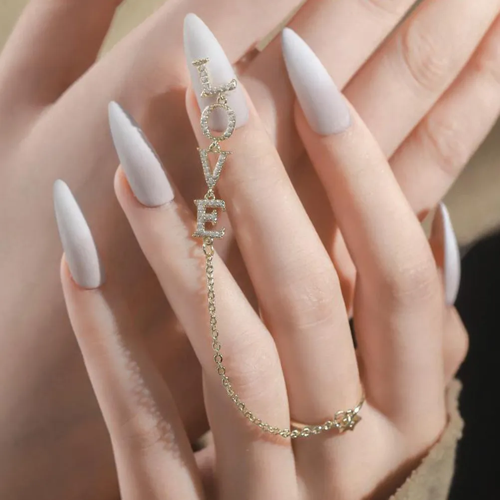 

Love Design Nail Art Chain with Ring Zircon Electroplated Nail Decoration for Manicures Natural Artificial Nails Women Ladies