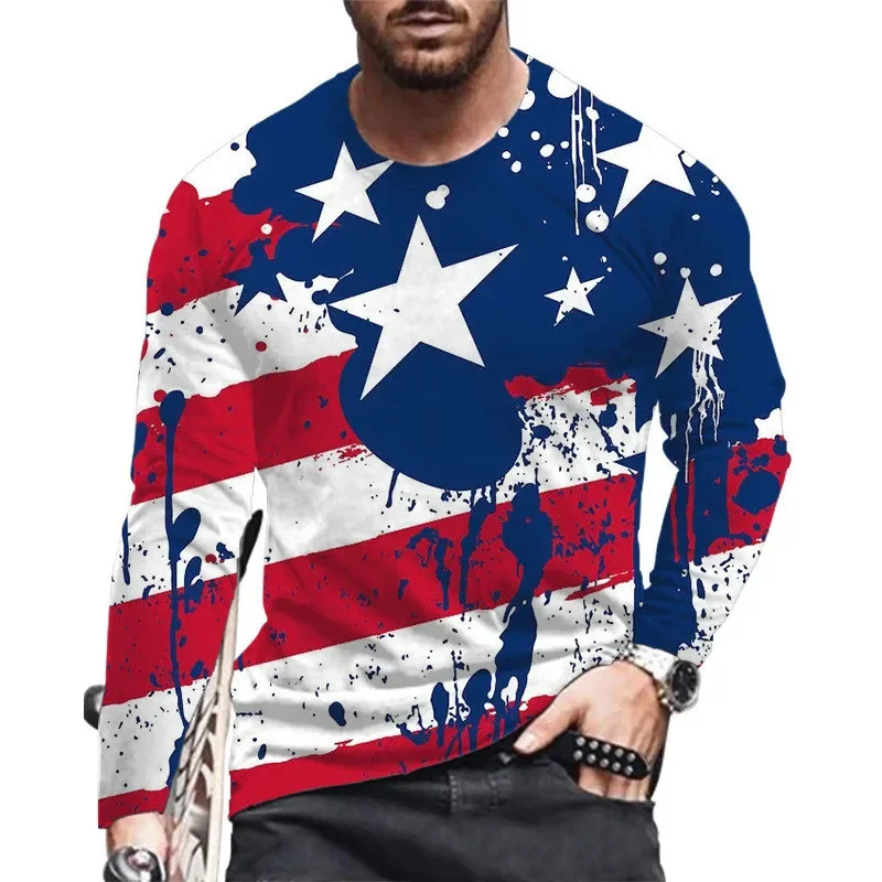 3D Printed USA National Flag T-Shirt For Men Eagle Animals Pattern Tees Spring Autumn Oversized T Shirts O-Neck Tops Long Sleeve image 2