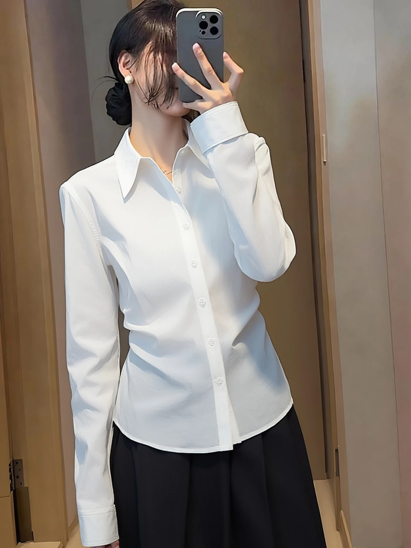 

Женская шелковая блузка Ele Pure Color с длинным рукавом, приталенного кроя, с одной пуговицей, в корейском стиле, для офиса, прямого кроя