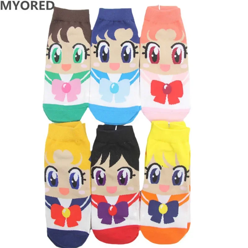 MYORED 6 pairs of Spring summer fashion women's short tube socks cartoon cotton socks Cute lovely sailor moon female ankle sock