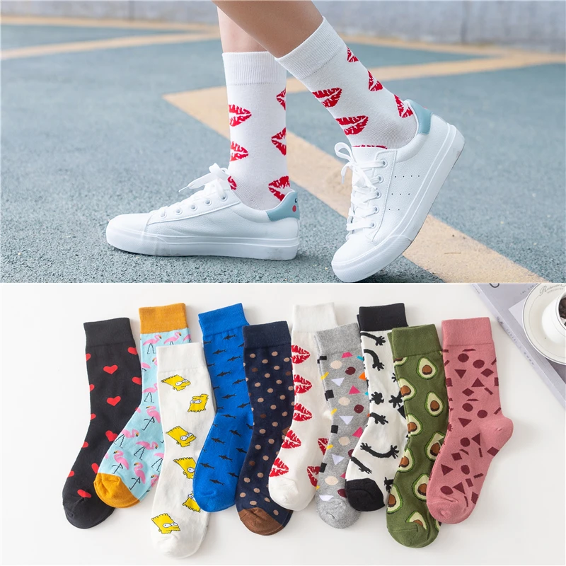 

Women's Japanese Colorful Cartoon Mid Tube Socks Unisex Cute Funny Happy Heart Avocado Flamingo Red Lip Sokken Gift