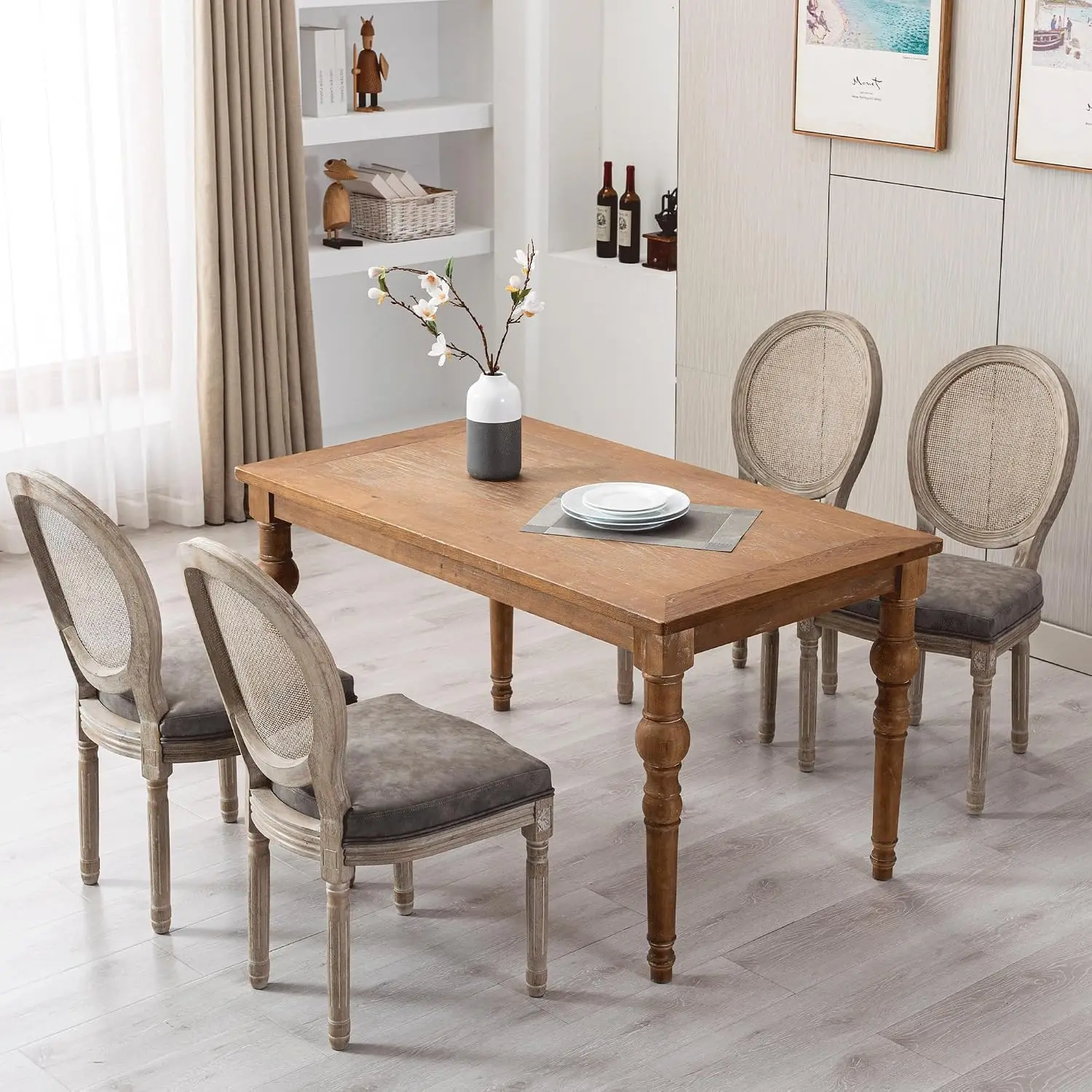 Farmhouse Leather Dining Chair Set 6 Round Rattan Back French Bistro Chair for Dining Living Kitchen Restaurant, Customized
