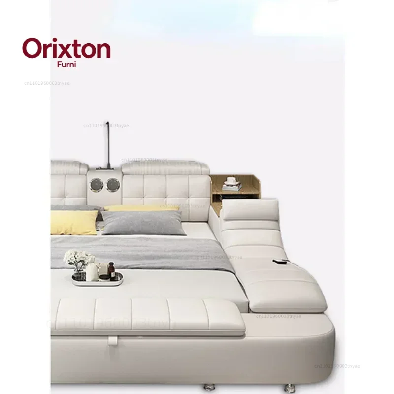 -Genuine Leather Bed Frame Soft Beds Massager Storage Safe Speaker Led Light Bedroom Recharging Bluetooth Safe Usb