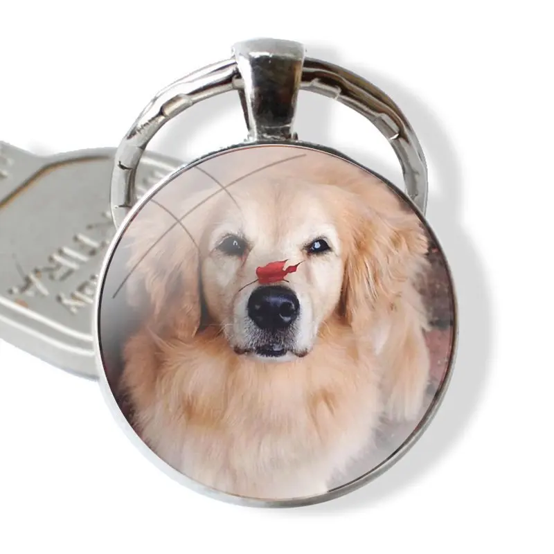 Fashion Design Cartoon Creative Keychain Handmade Glass Cabochon Key Ring Holder Pendant Key Chains Popular Golden Retriever Dog