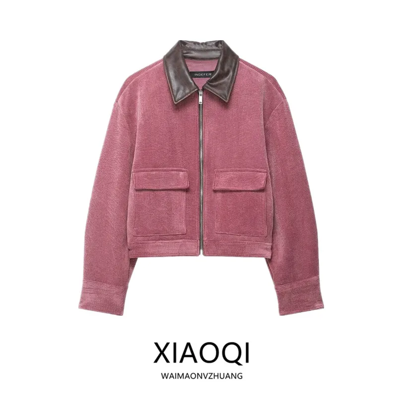 

Spring 2026 Women's Versatile Corduroy Leather Patchwork Collar Jacket Outerwear Commute Style Loose Fit Long Sleeve Zipper