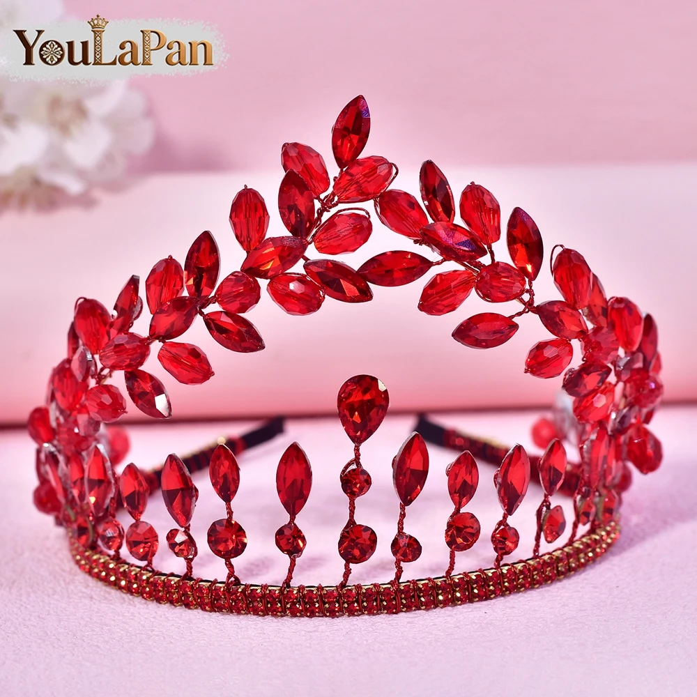 

YouLaPan Luxury Red Rhinestone Crown Bling Crystal Handmade Hair Accessories Wedding Banquet Party Tiaras Headpieces A409