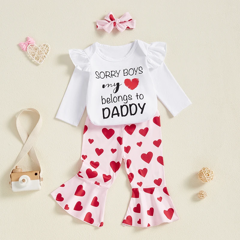 Description Picture 4 of itemBaby Girls 3PCS Pants Sets Flying Sleeve O Neck Letter Print Romper Heart Print Pants Headband Sets