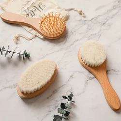 Baby Natural Wooden Hair Brush Round Shape Wooden Massage Comb Brush with Soft Wool Portable Newborn Head Massager Birth Gifts