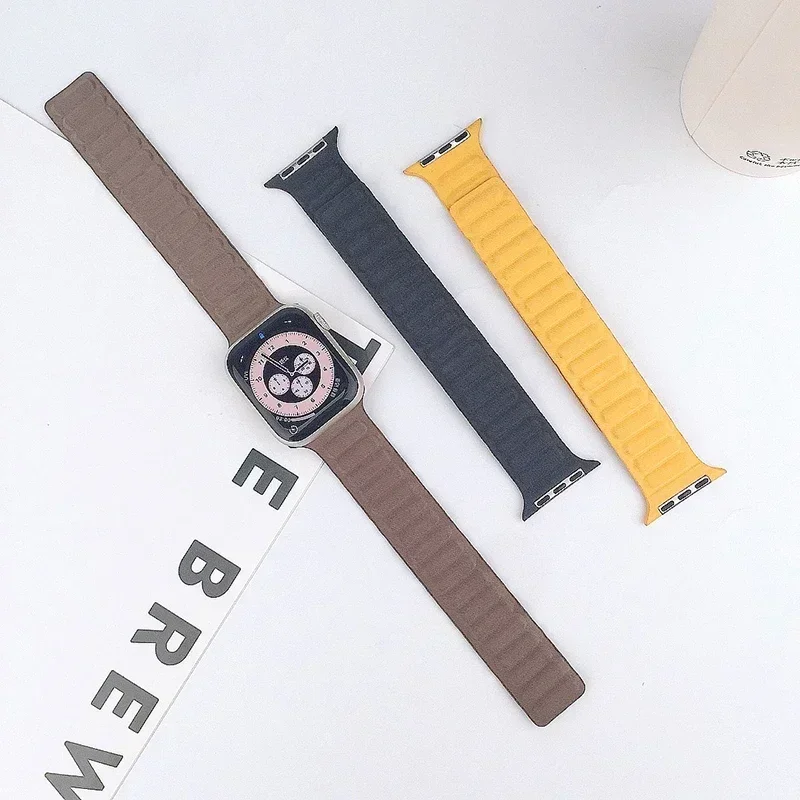 Leather Link For Apple Watch Strap 44mm 45mm 41mm 40mm 49mm Original Magnetic Loop bracelet iWatch Series 8 Ultra 3 SE 6 7 band