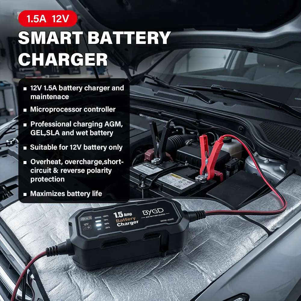 

Automatic 12V 1500mA Battery Trickle Charger - Smart Maintainer with LED Display for Motorcycle Car RV ATV and Marine Batteries