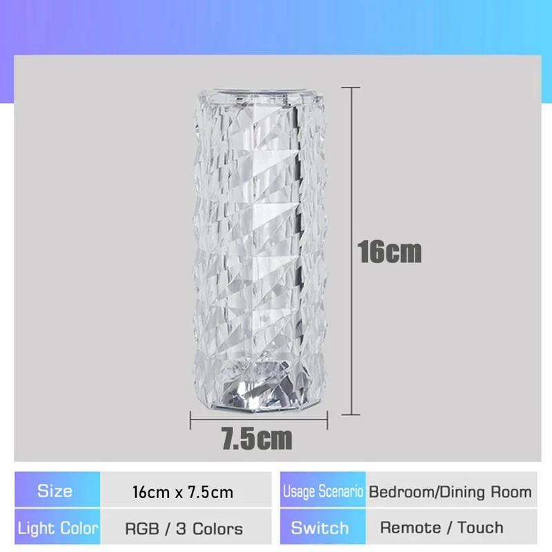 Crystal LED Night Light Romm Decor Light USB Rechargeable Ambient Lamp for Party Dinner Wending Bedroom Decoration