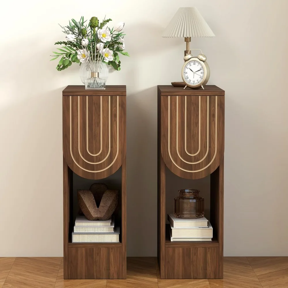 

Narrow bedside table set of two pieces, medieval modern, with carved drawers and storage shelves, thin side table