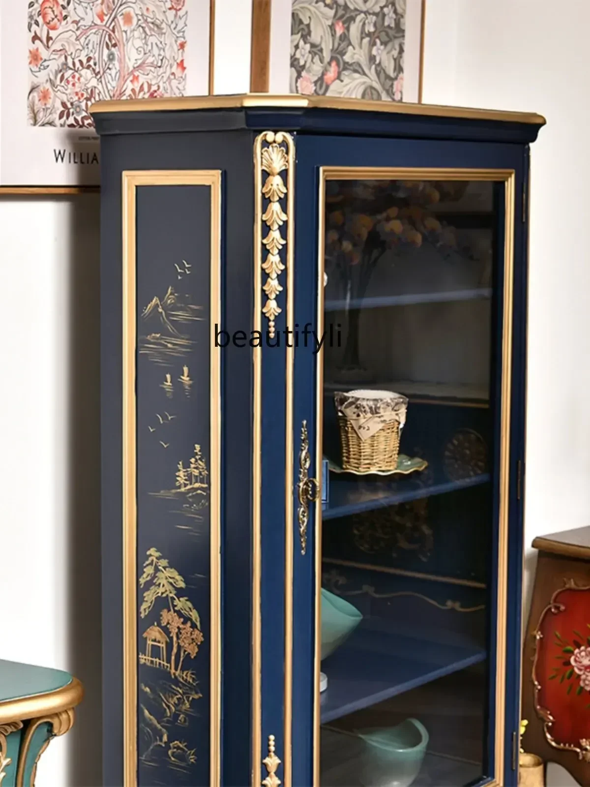 xxAmerican Country Wine Cabinet Blue Storage Solid Wood Glass Light Luxury Painted Display High Cabinet Sideboard CabinetK182