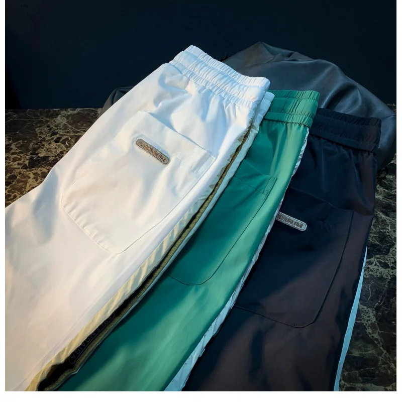 

2025 Summer Light Luxury Casual Pants, Men's Elastic Leg Tight Fit, Trendy Brand, Side Stripe Design, Sports Pants