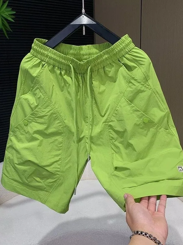 Summer Ice Silk Quick Dry Lightweight Men's Workwear Shorts Casual Loose Fit Beach Pants Polyester Fiber Youth Fashion Brand