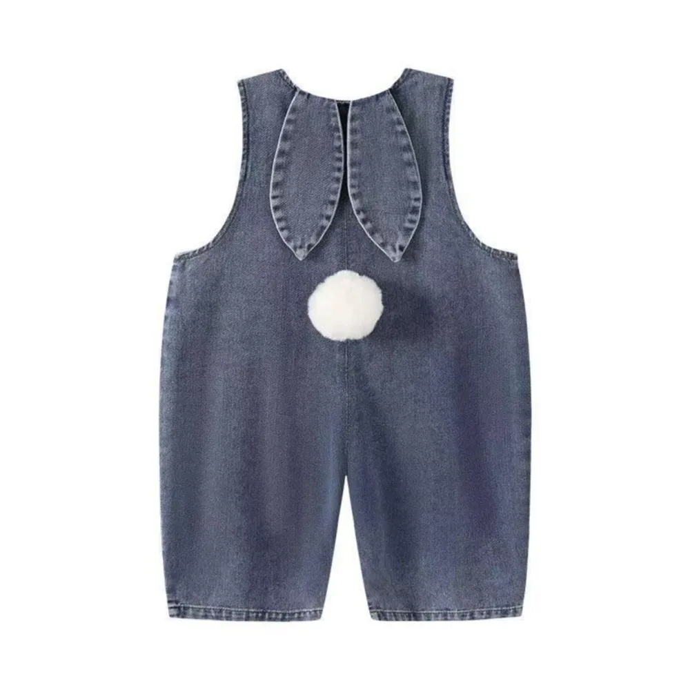 New Sleeveless Design Bunny Ear Romper Pom Pom Tail Rabbit Ear Easter Outfit Denim Overall Pants Easter Celebration