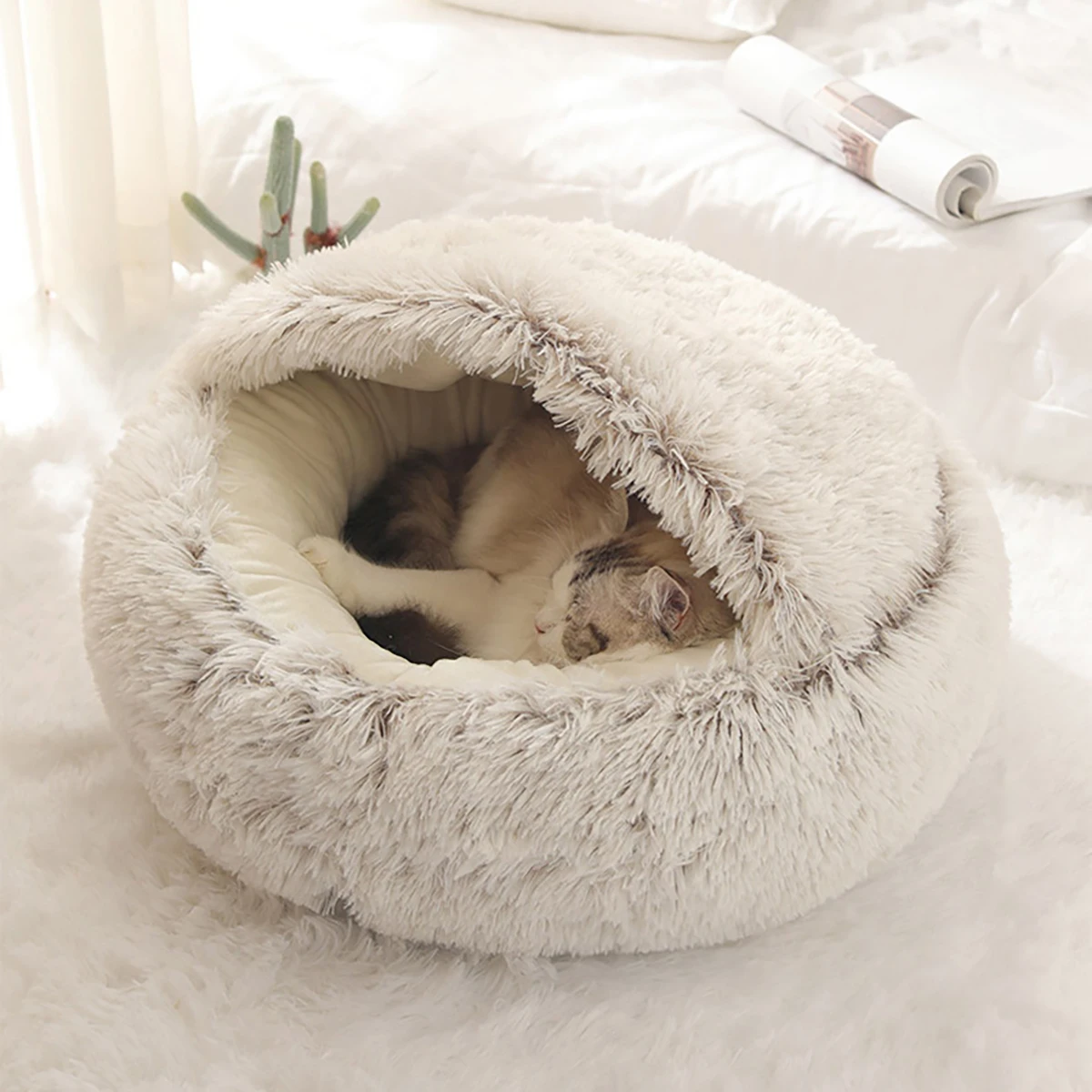 

Soft Plush Pet Bed with Cover Round Cat Bed Pet Mattress Warm Cat Dog 2 in 1 Sleeping Nest Cave for Small Cats