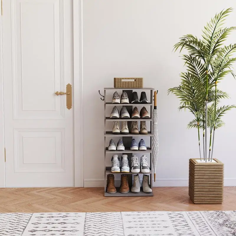 Organizador de armazenamento de sapatos de 7 camadas com ganchos, torre de sapatos vertical para 12-14 pares, organizador de entrada que economiza espaço em cinza rústico,