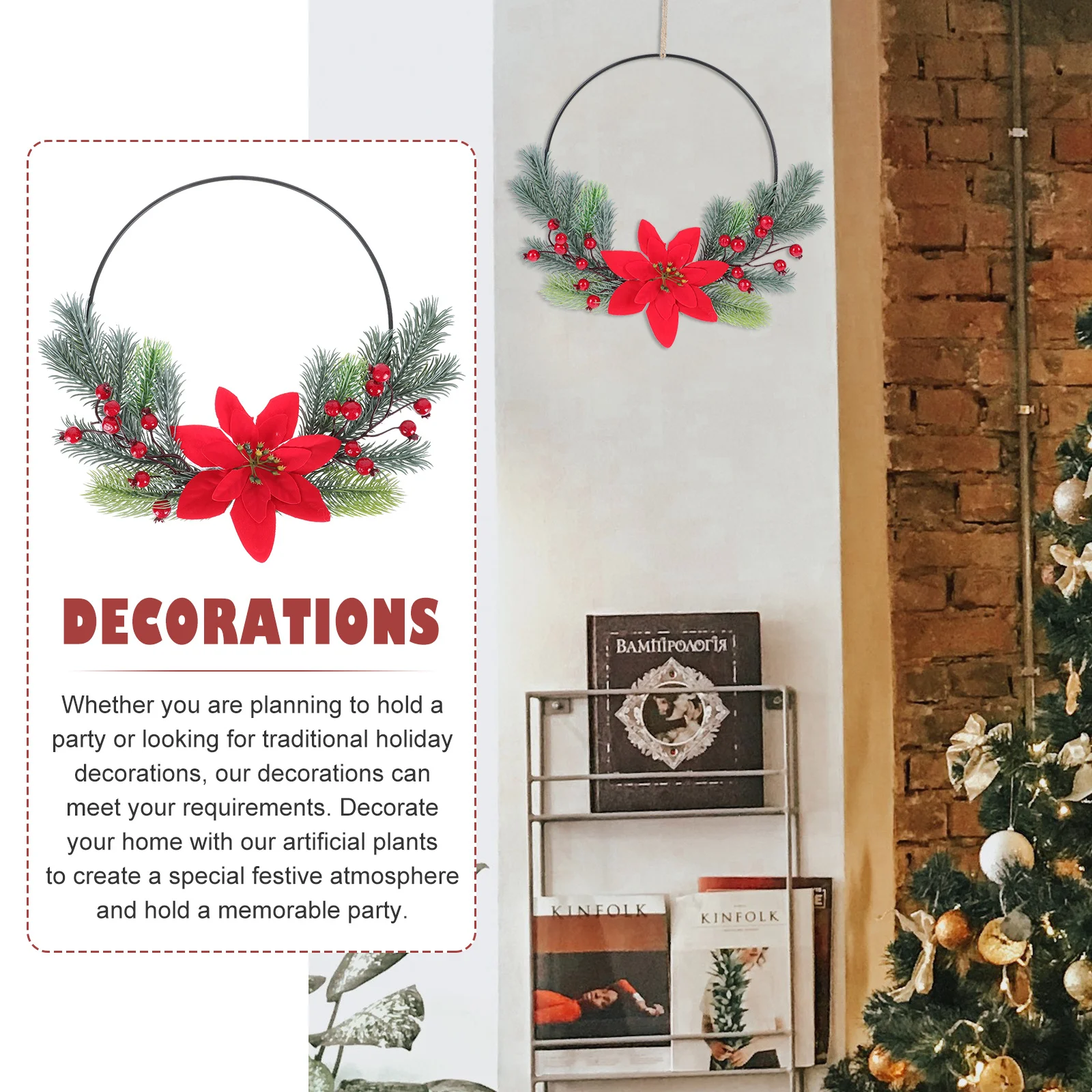 

1Pcs Metal Wall Hanging Christmas Wreath Artificial Plant Garland Vivid Xmas Pendant Festival Door Decor Xmas Party Hanging
