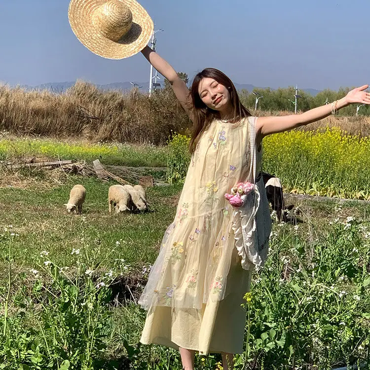 Mesh Borduren Mouwloze Jurken Vrouwen 2023 Zomer Losse Overlap Sheer A-lijn Vest Jurk Fee Zoete Strand Vestidos