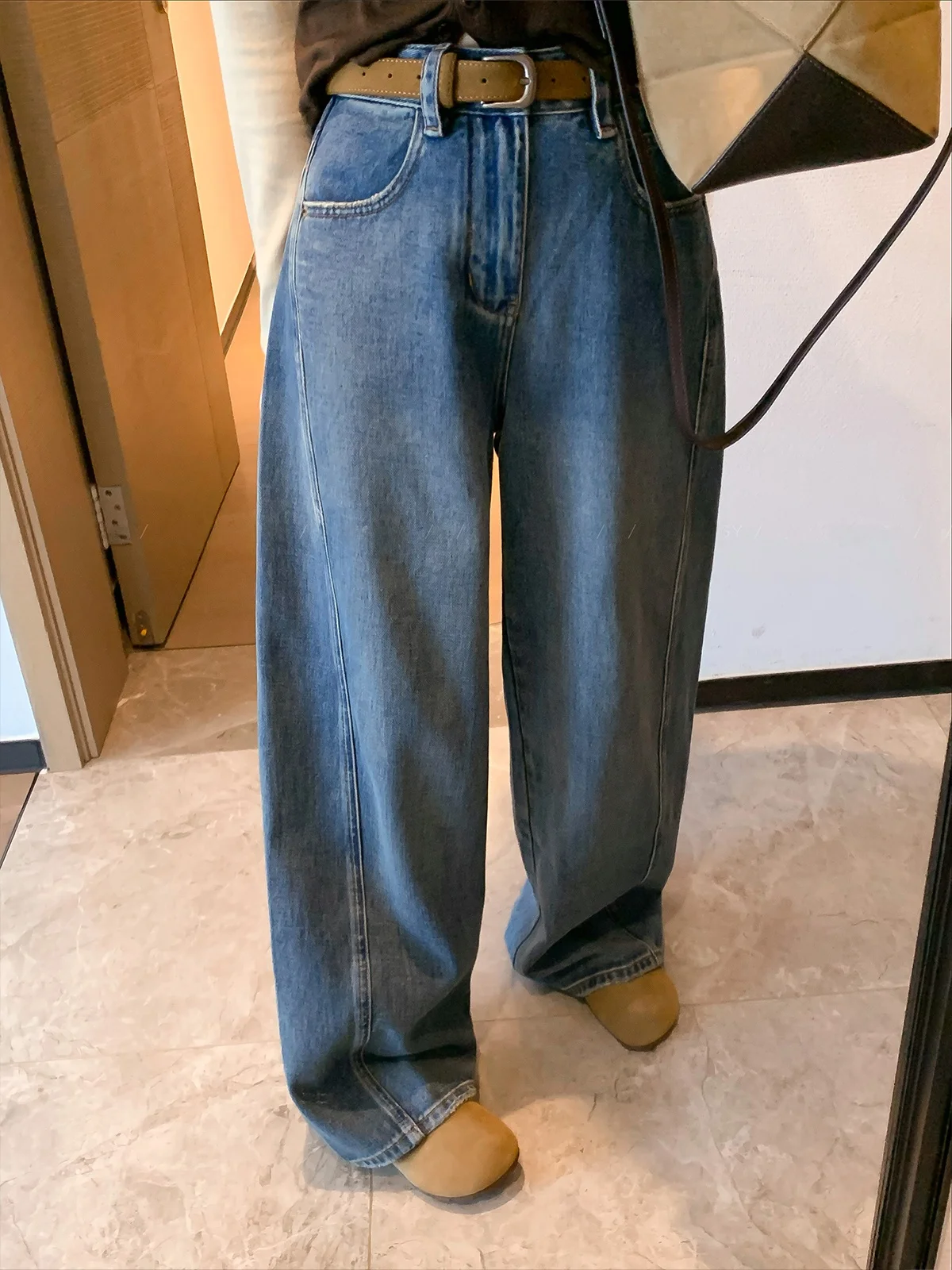 

Широкие синие джинсы с высокой талией, женские повседневные свободные длинные брюки, осень-зима, новые износостойкие брюки для поездок на работу